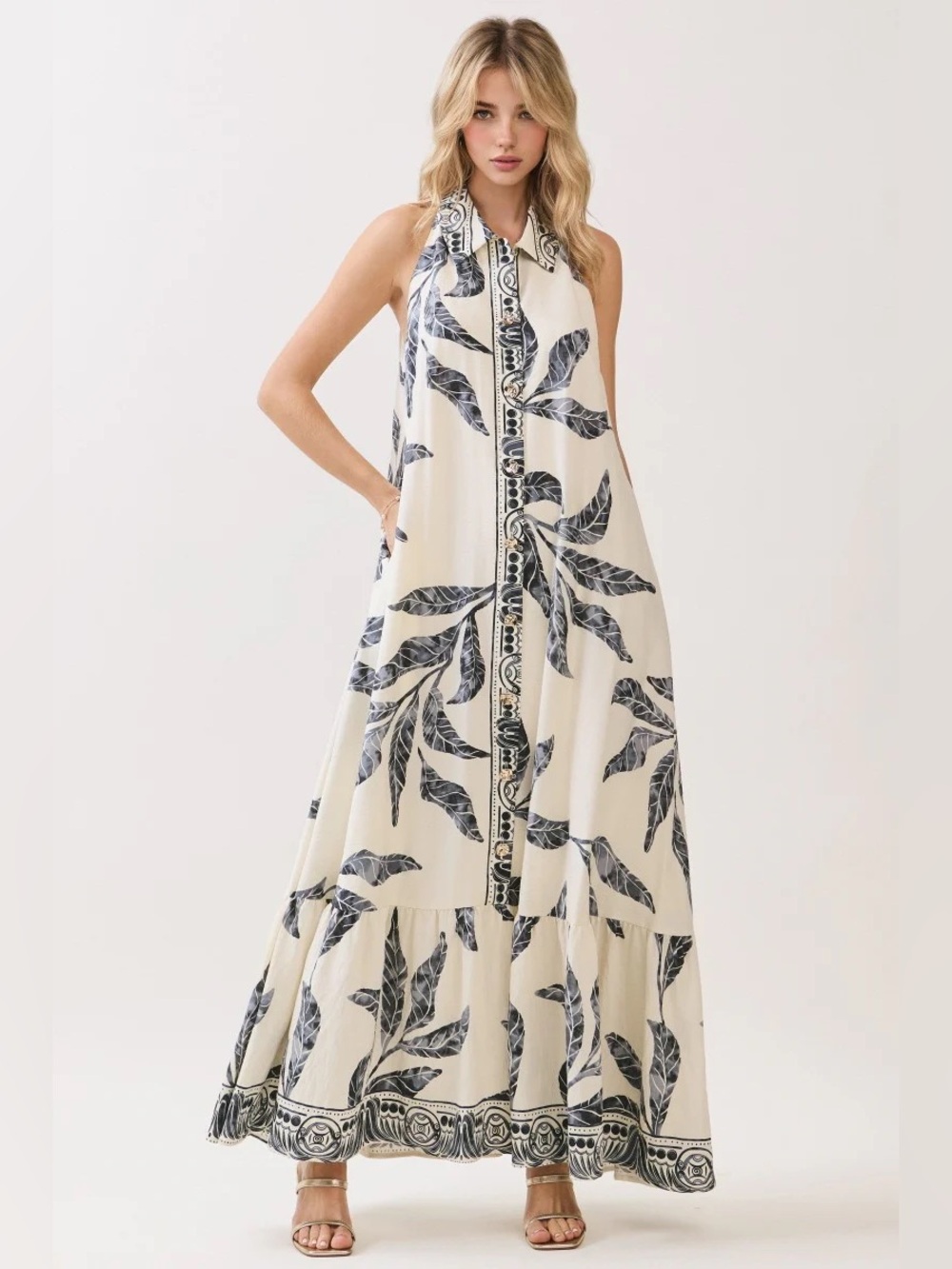 NWT Sleeveless Ivory Maxi Dress with Navy Leaf Motif